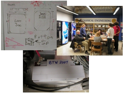 3 pictures, the first showing a whiteboard with design specifications, the second showing a group of students meeting at a table, the third showing a battery with the words 'BTW 2007' written on it