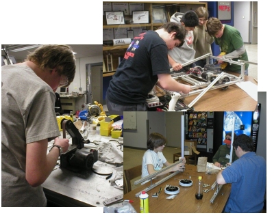 3 pictures of teams constructing robot