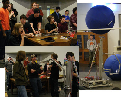3 images of students working on the robot and testing it, one featuring the robot lifting an innertube and carrying it to our test structure