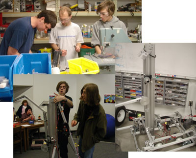 3 pictures, the first showing a whiteboard with design specifications, the second showing a group of students meeting at a table, the third showing a battery with the words 'BTW 2007' written on it